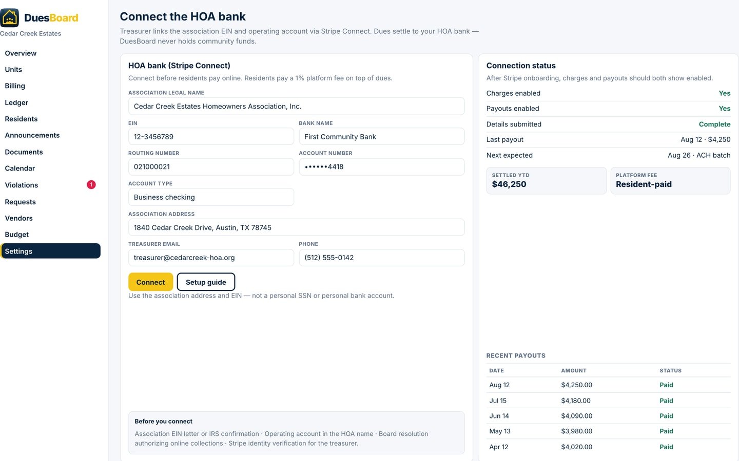 DuesBoard Connect: HOA EIN, bank routing, and Connect button