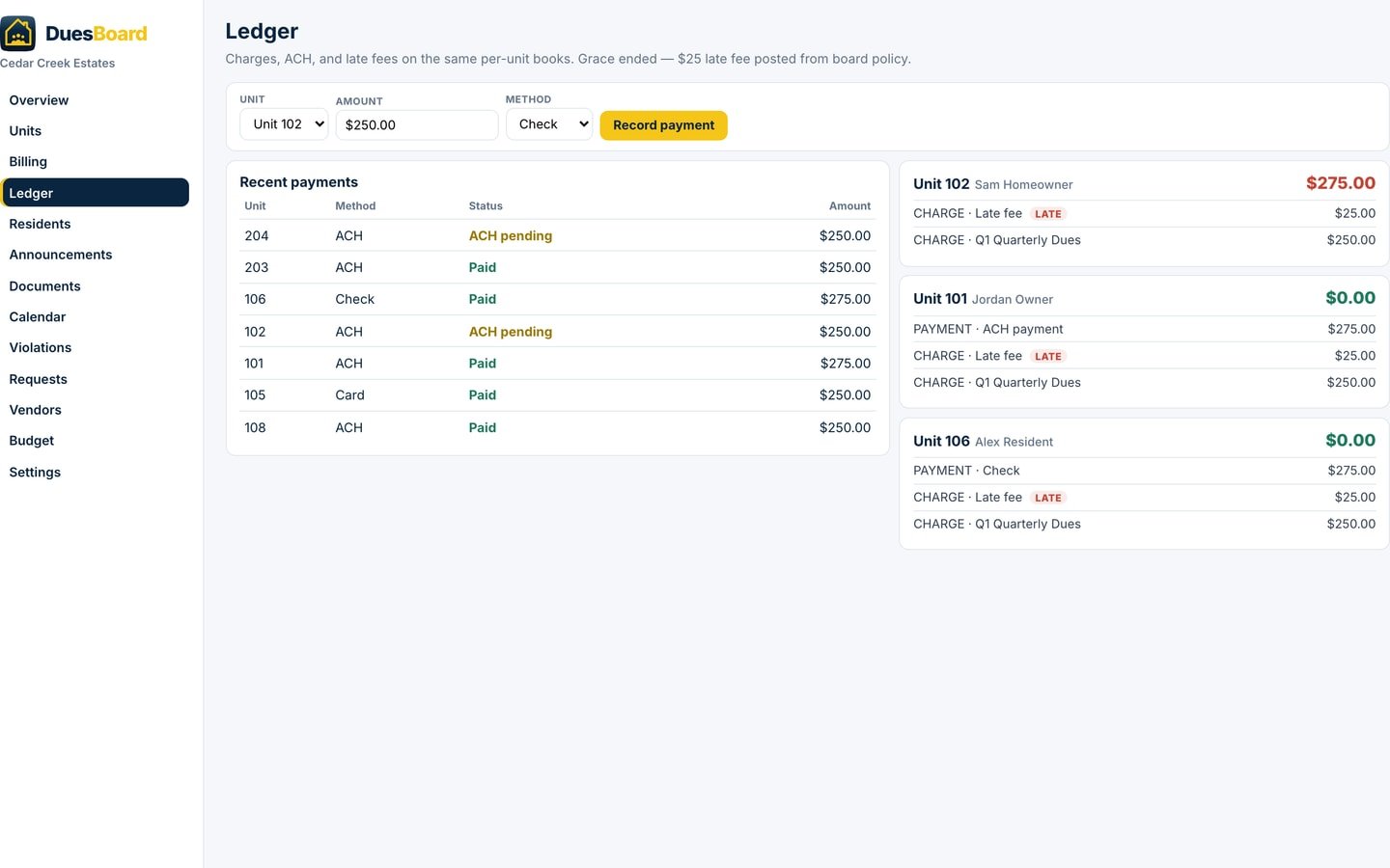 Ledger with recent ACH payments, late fees, and unit balances