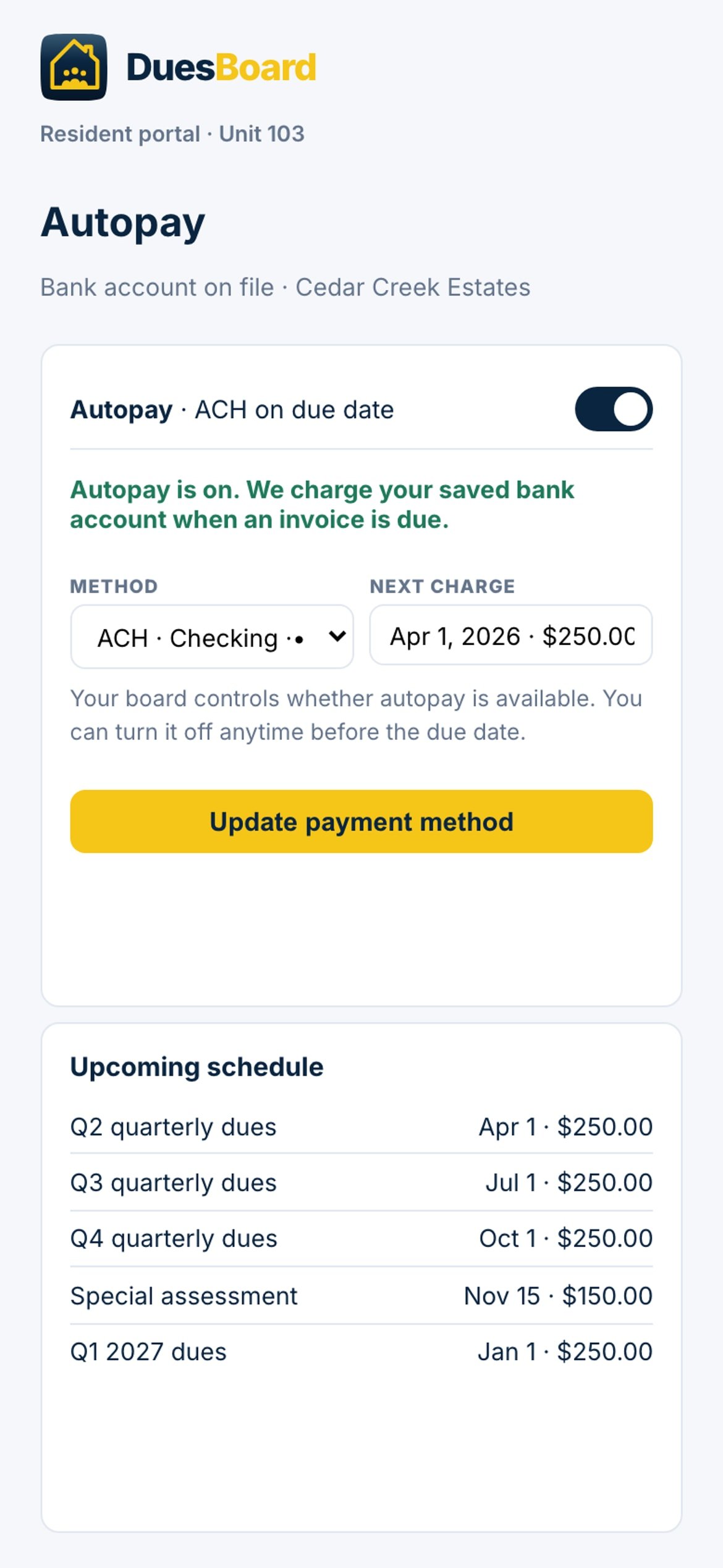 Autopay on phone for Unit 103