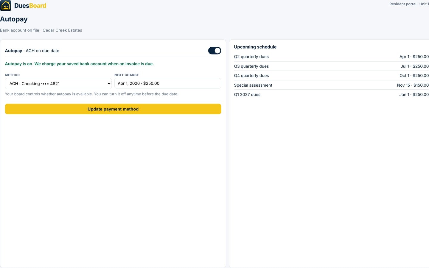 Resident portal Autopay settings for Unit 103