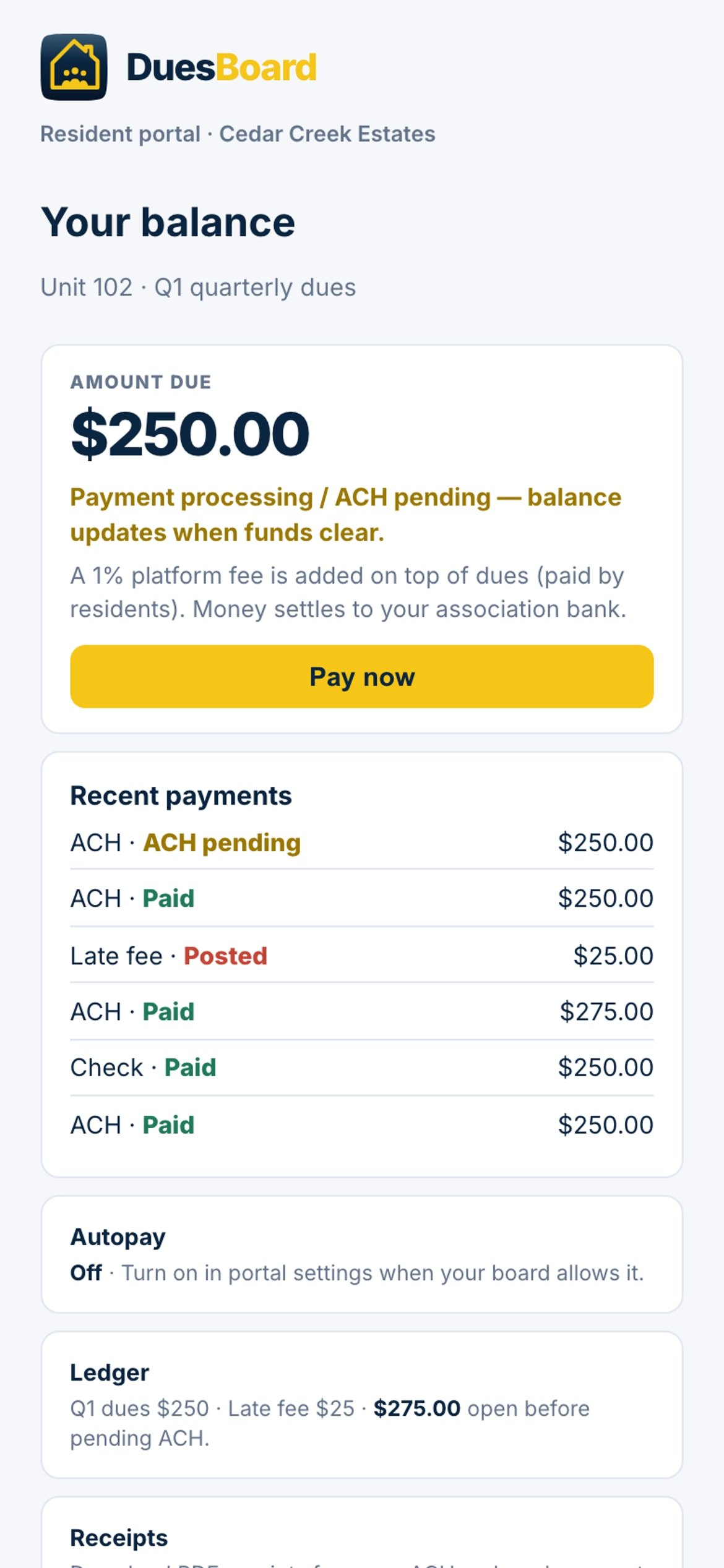 Resident portal on phone: Unit 103 owes $250 with Pay now