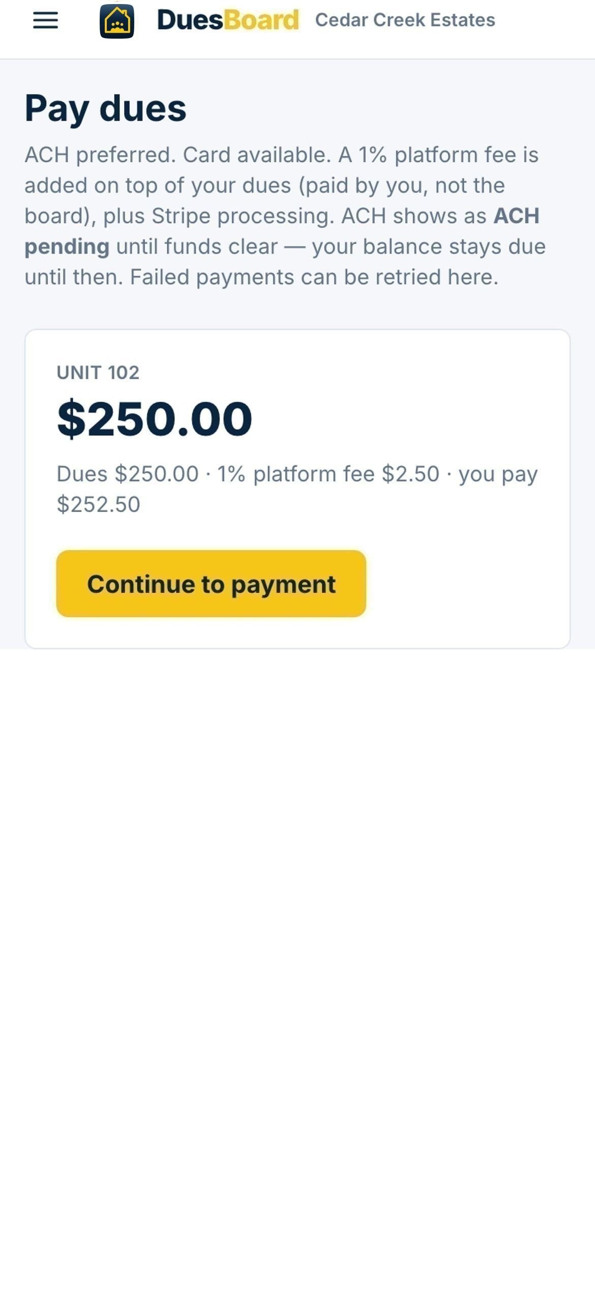 Resident pay dues screen showing $250 amount due